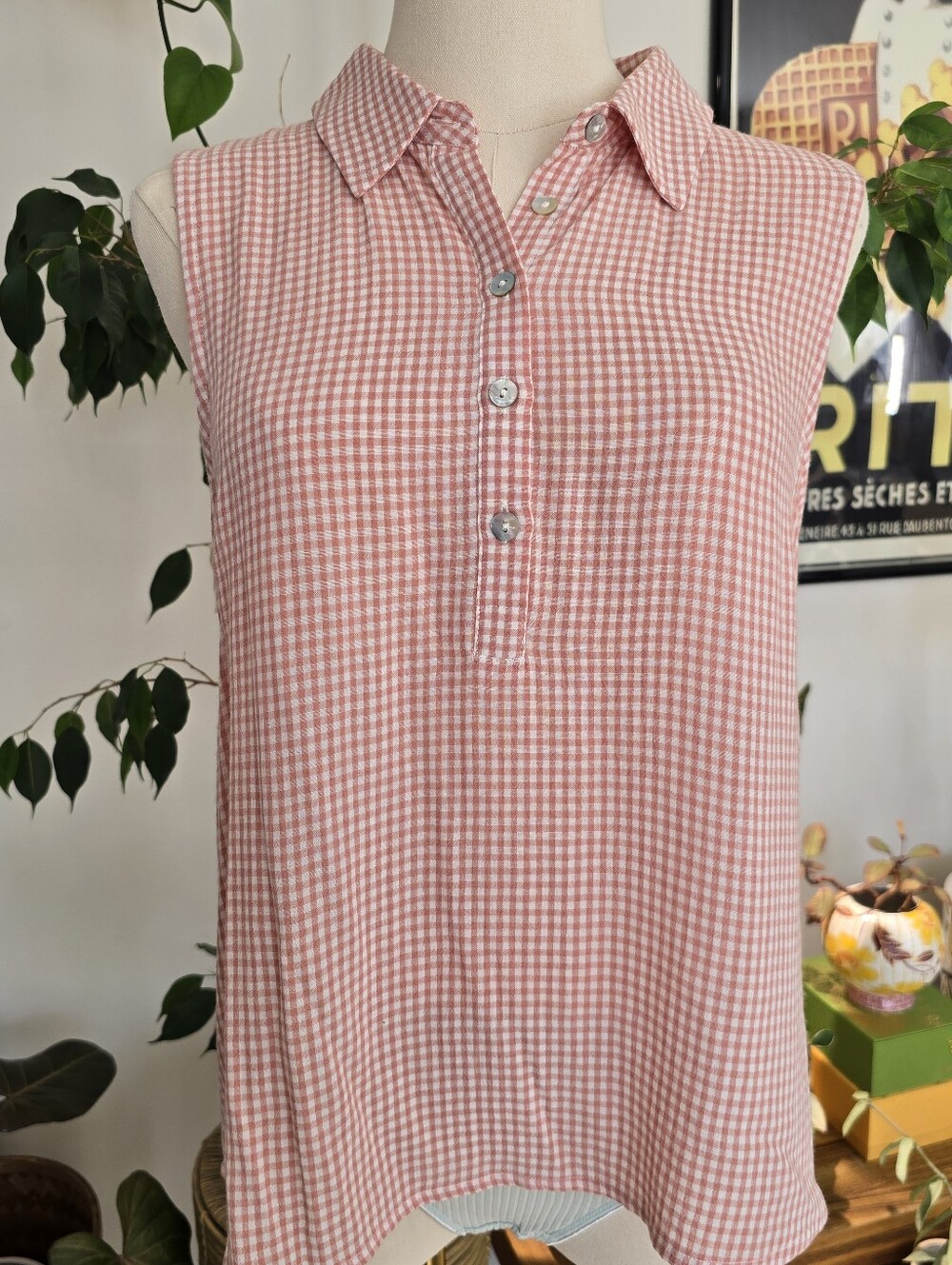 NWT Z Supply Harper Gingham Top Small Pink White Sleeveless Shell Button Coastal